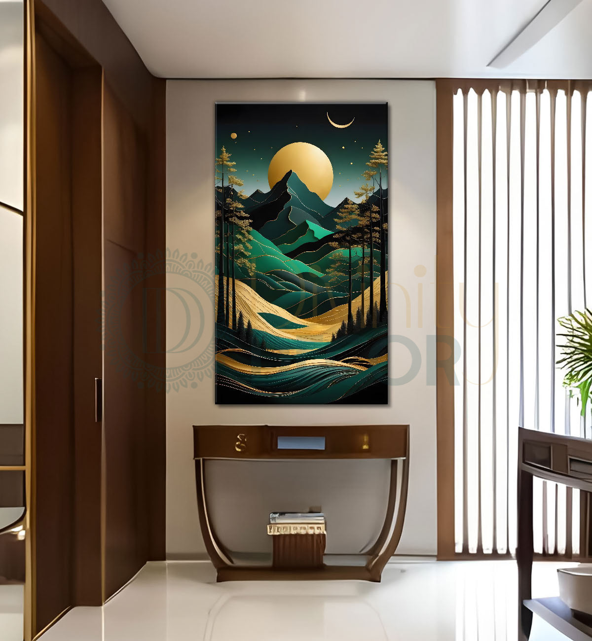 Green mountais with golden moon and trees in textured painting Canvas Painting - Nature Art -V-82