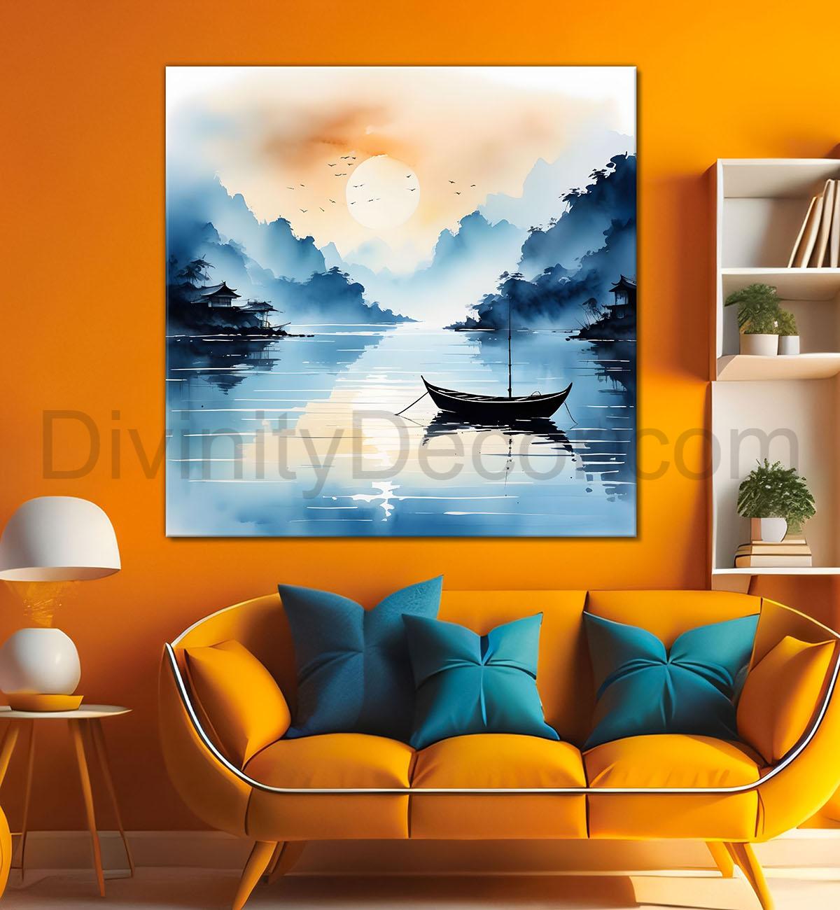 Mountains and the river with tree water colour painting 24X24- Nature Art -S-83