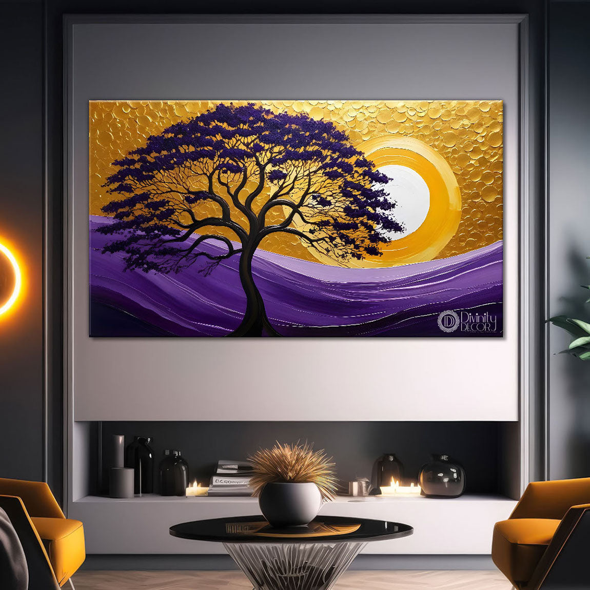 Purple tree in golden textured art Canvas Painting - Design - Tree-83