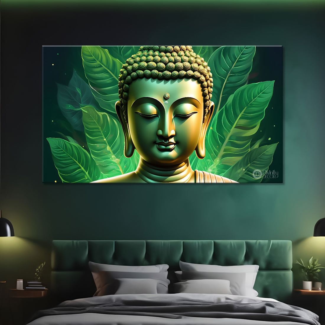 Golden buddha with green leaf background painting Canvas Wall Painting - Buddha-83