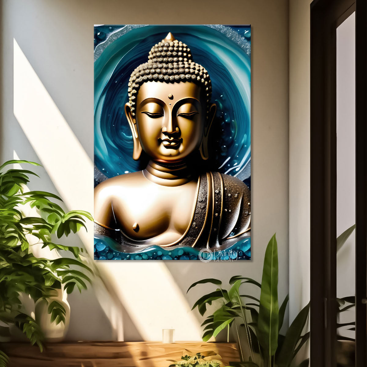 Golden buddha with blue background painting - Buddha-V-83