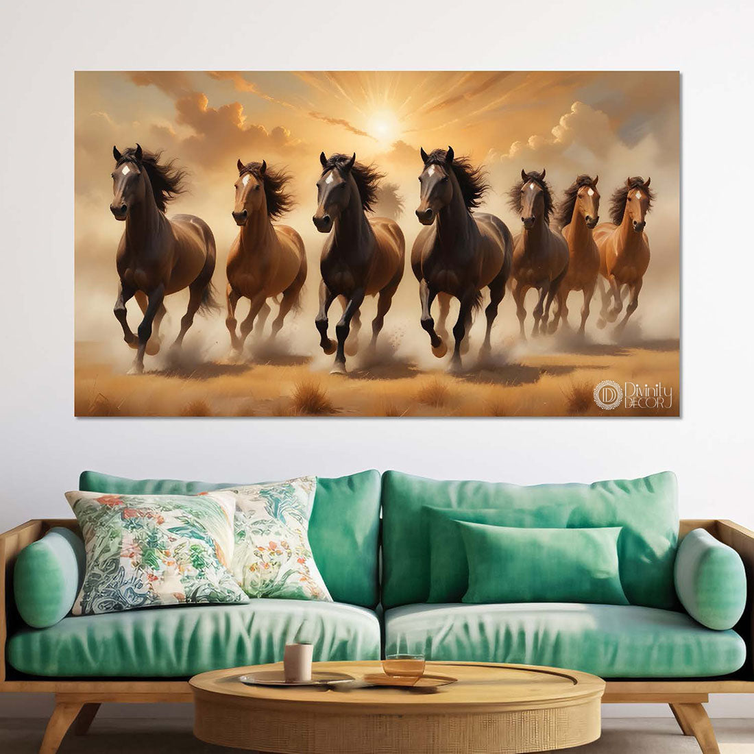 Brown running horses with cloudy and yellow textured background art Canvas Painting - Design - Horse-83