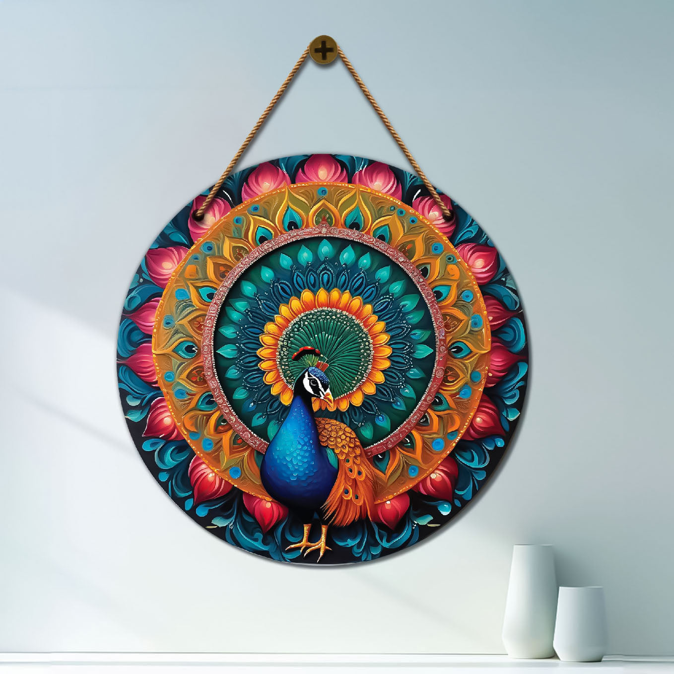 Peacock in blue and floral mandala Round Wooden Wall Hanging for wall Décor - Design - 83
