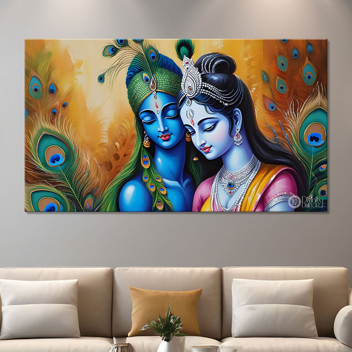 Radha and Krishna with yellow and peacock feather background Canvas Painting - Design - Krishna-84