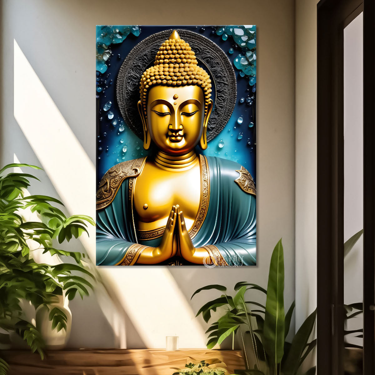 Golden buddha with blue background painting - Buddha-V-84