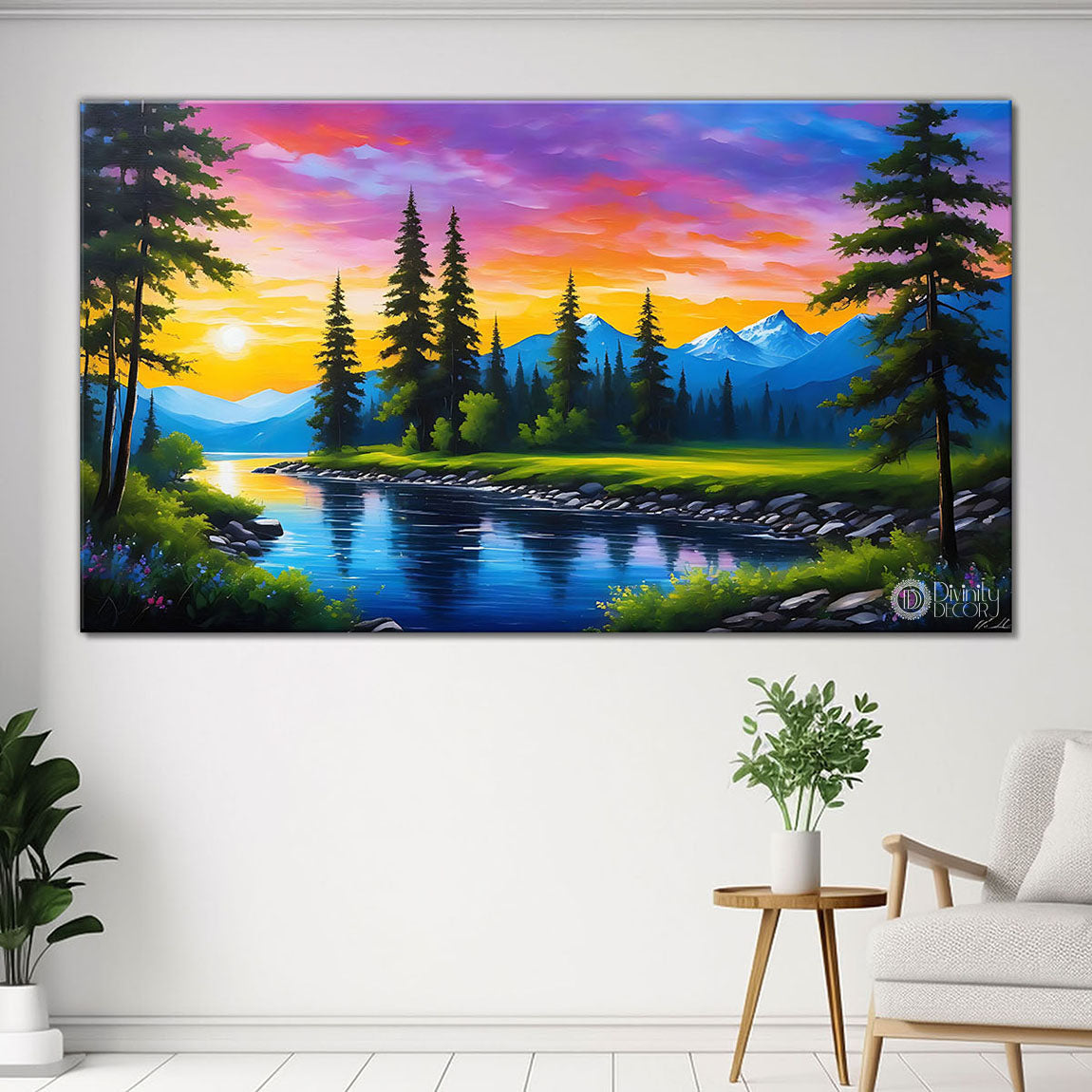 Mountains with trees and pink sky in textured landscape scenery Canvas Painting - Nature Art -84