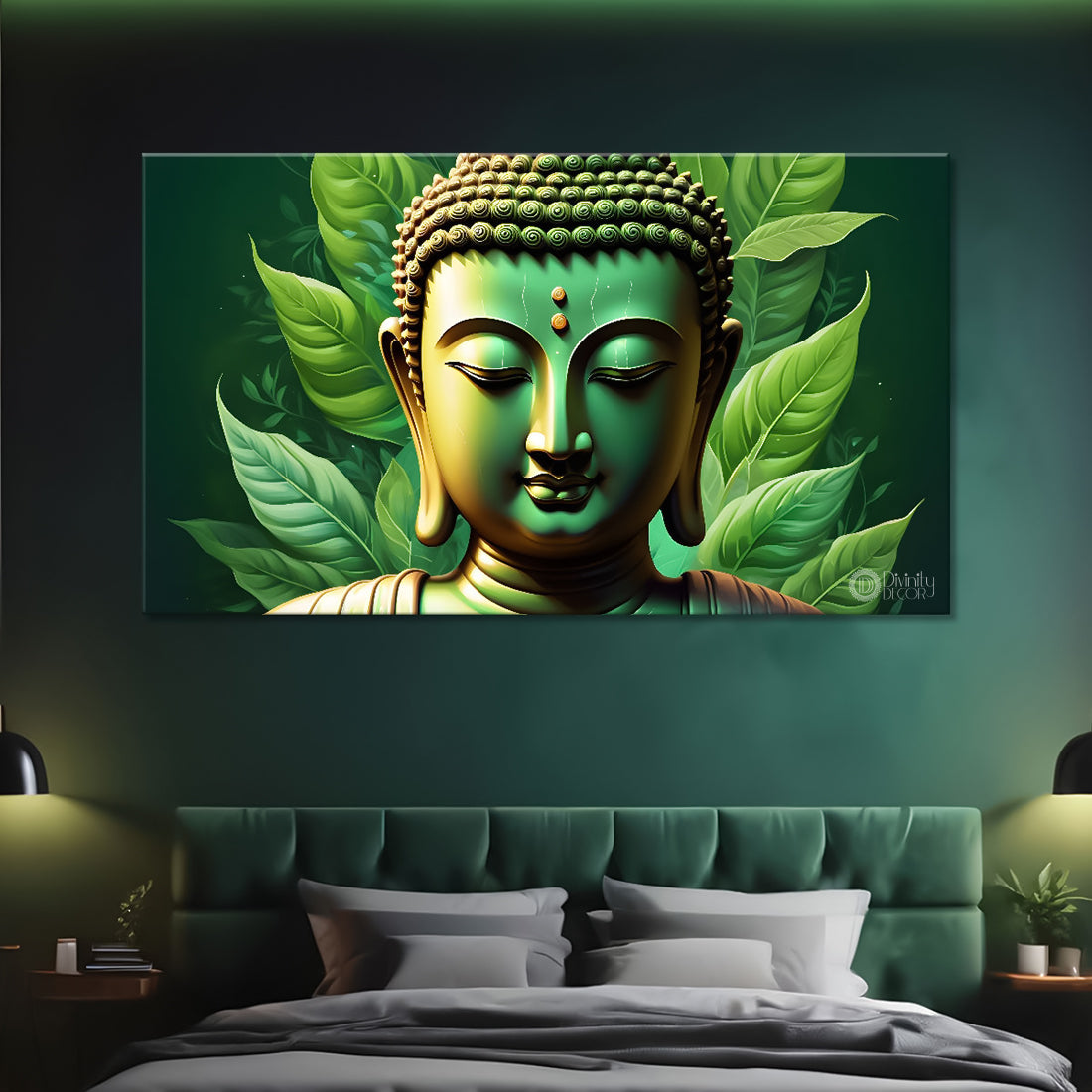 Golden buddha with green leaf background painting Canvas Wall Painting - Buddha-84