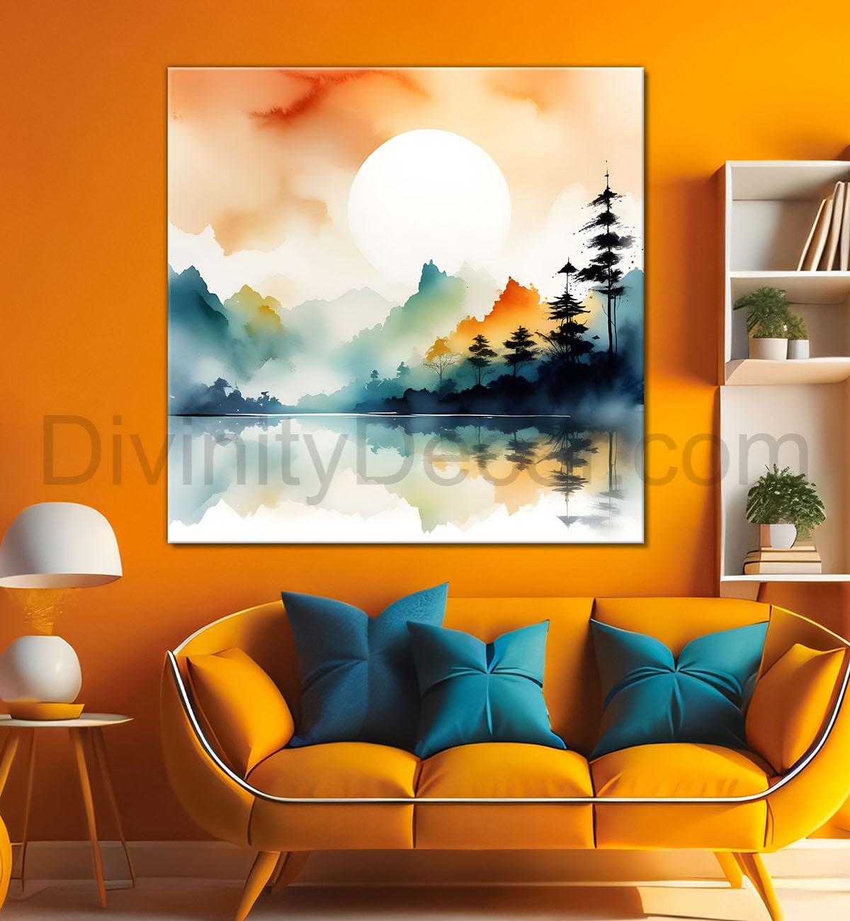 Mountains with sun and trees water colour painting 24X24 - Nature Art -S-84