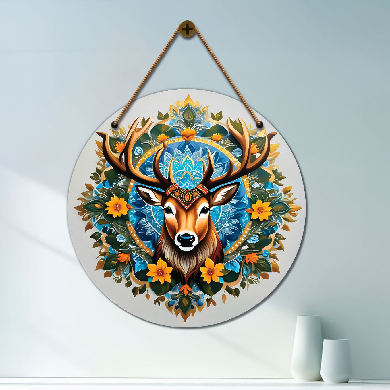 Deer in floral mandala Round Wooden Wall Hanging for wall Décor - Design - 84