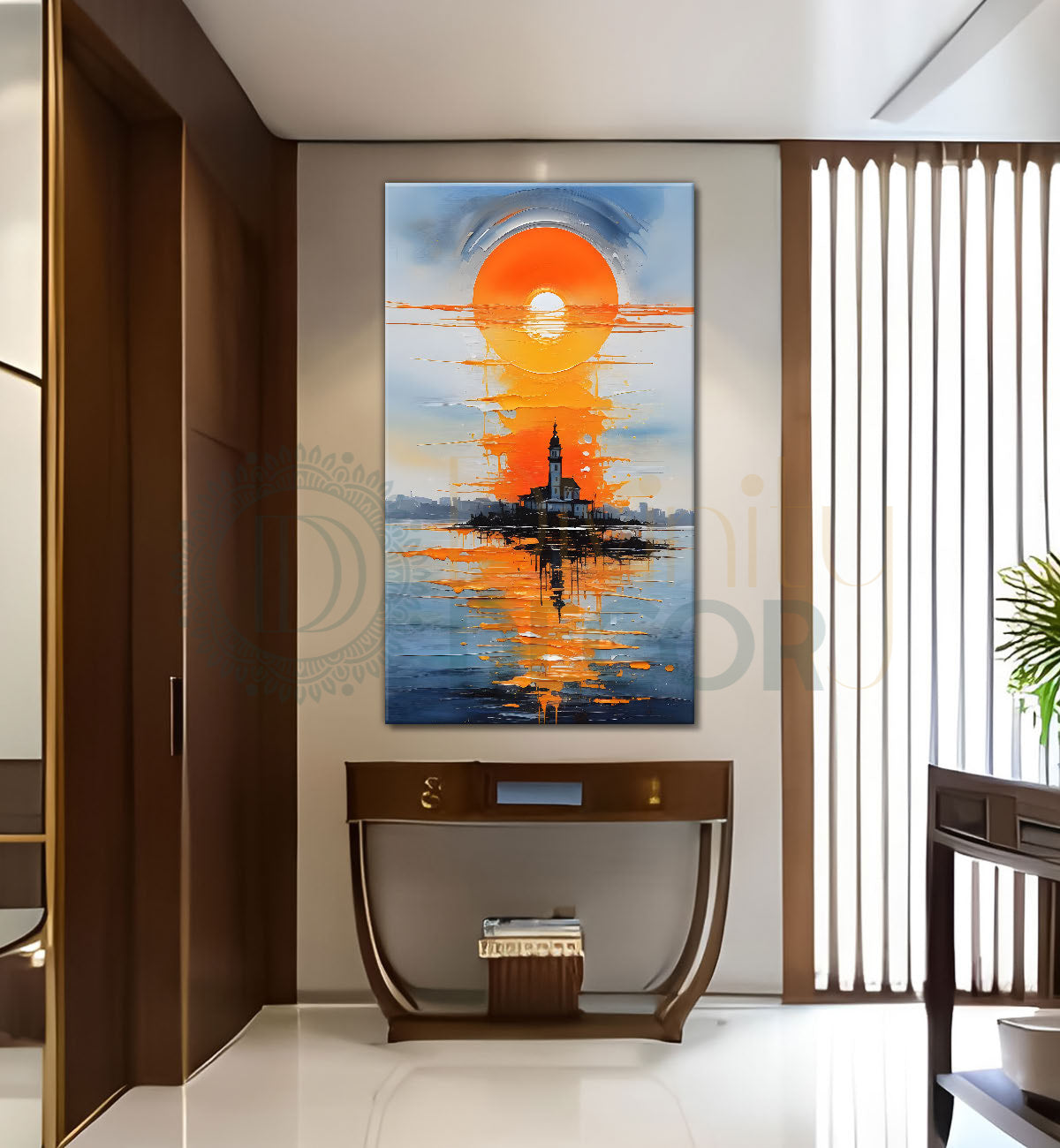 Sunrise with house on lake textured art Canvas Painting - Nature Art -V-84