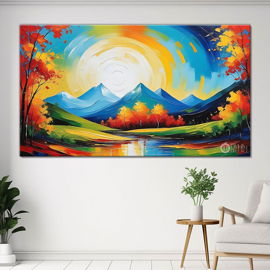 Mountains with orange trees and lake in textured natural art Canvas Painting - Nature Art -85