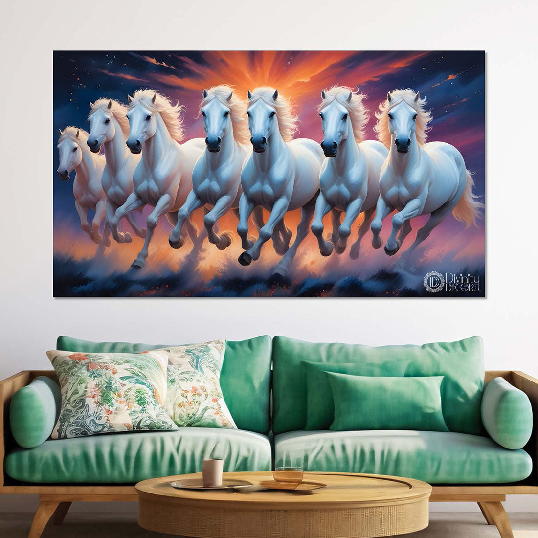 White running horses on the grass with orange and blue textured background art Canvas Painting - Design - Horse-85