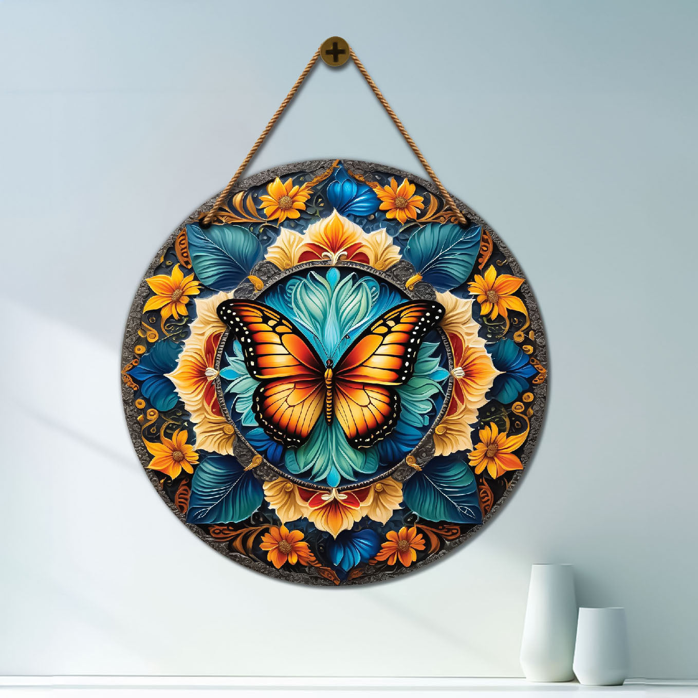 Yellow Butterfly in floral and blue mandala Round Wooden Wall Hanging for wall Décor - Design - 85