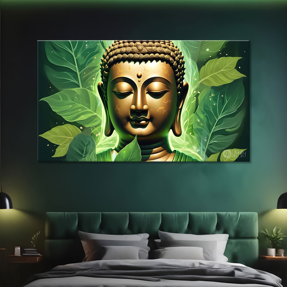 Golden buddha with green leaf background painting Canvas Wall Painting - Buddha-85