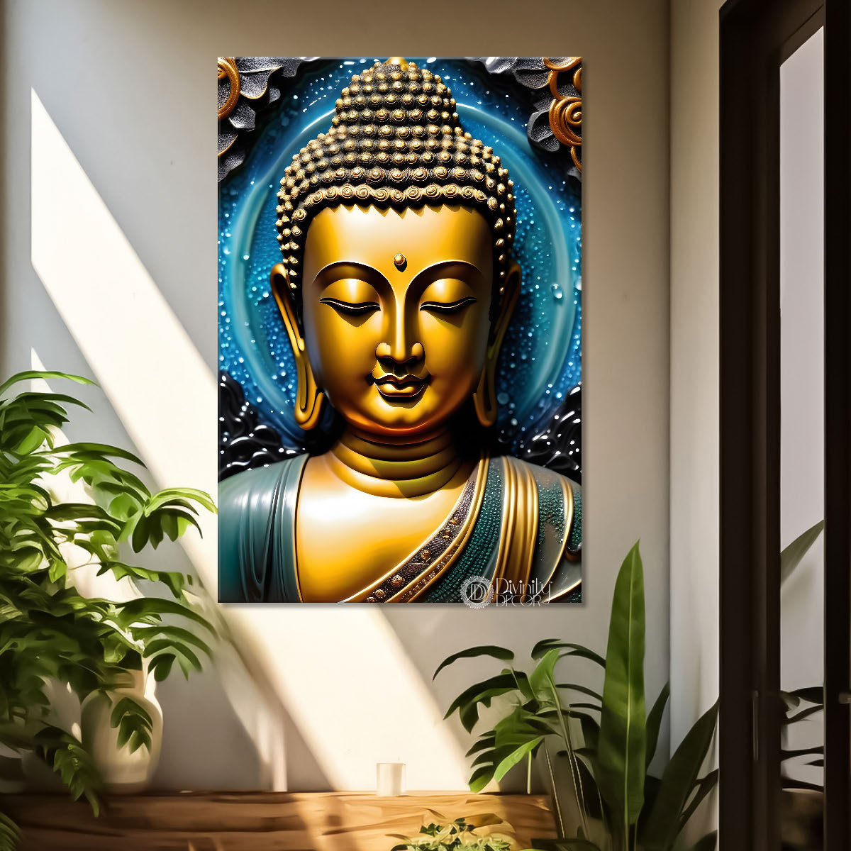 Golden buddha with blue background painting - Buddha-V-85