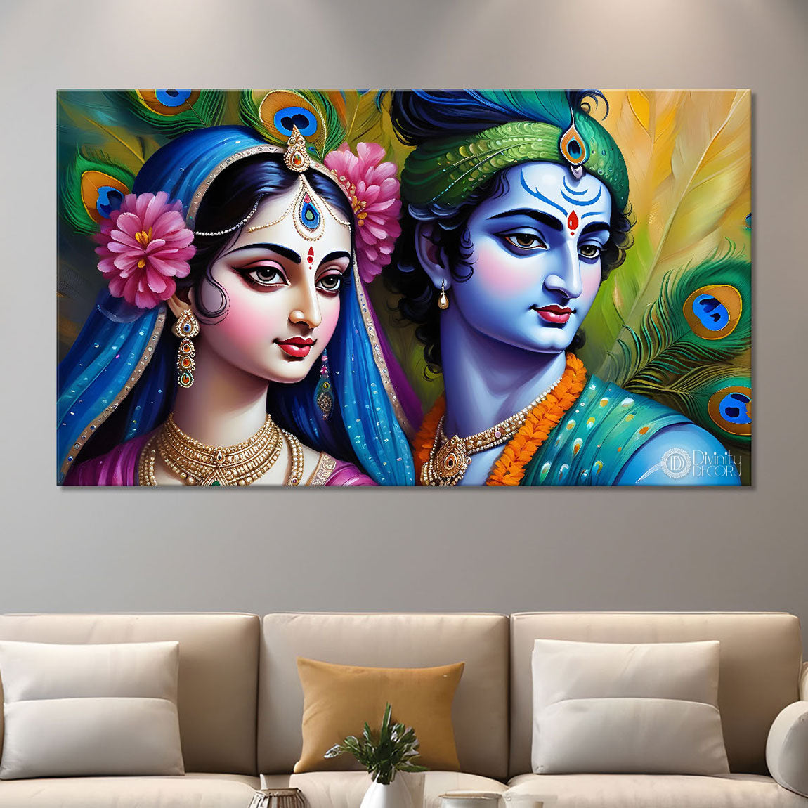 Radha and Krishna in light green background Canvas Painting - Design - Krishna-85