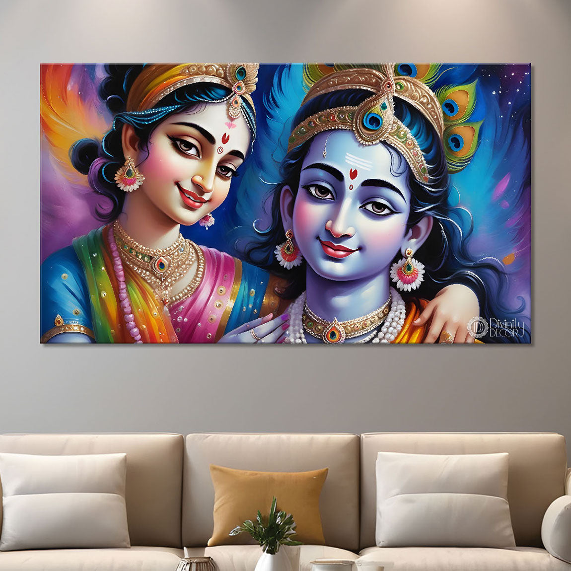 Radha and Krishna in light blue background Canvas Painting - Design - Krishna-86