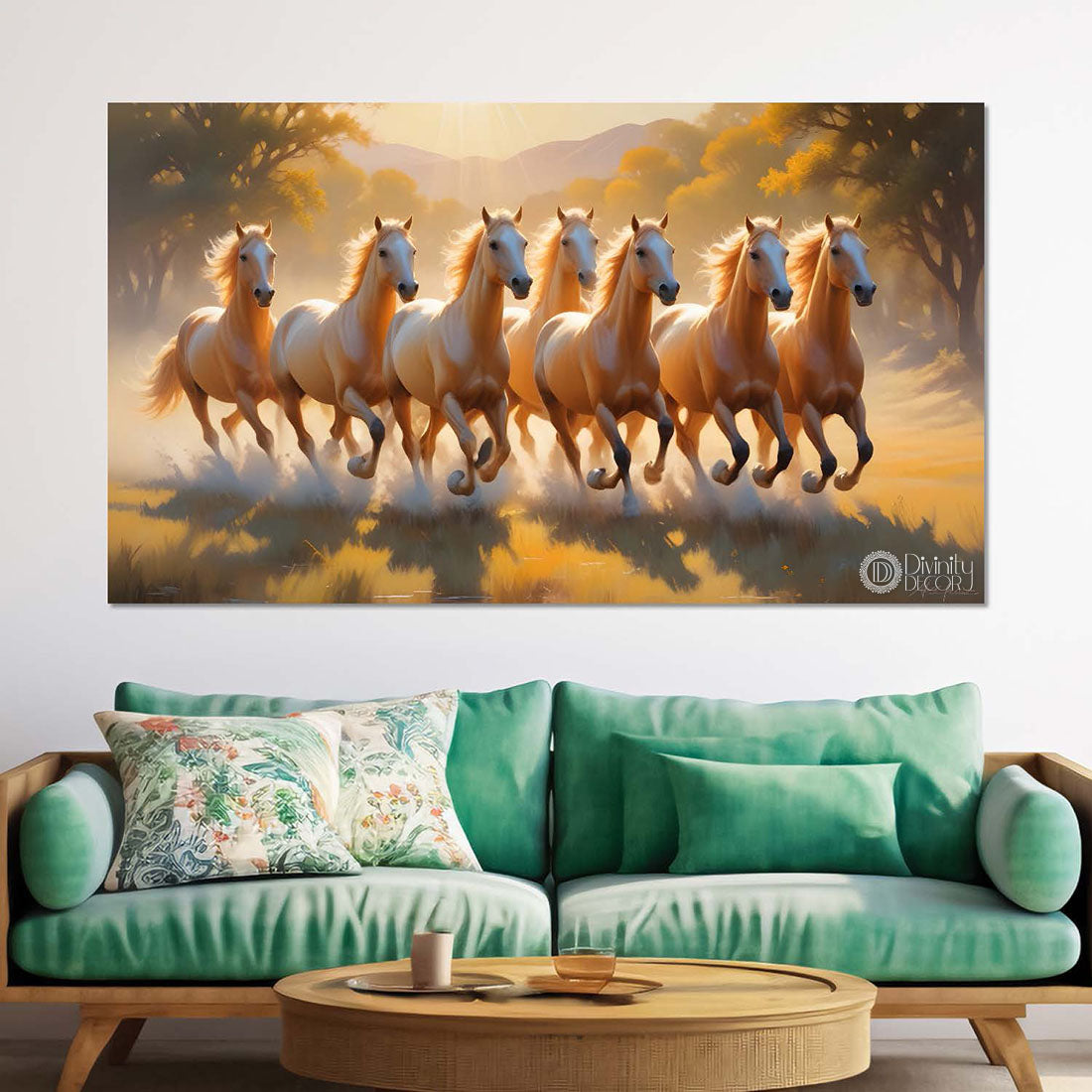Brown horses on the grass with trees and yellow textured background art Canvas Painting - Design - Horse-86