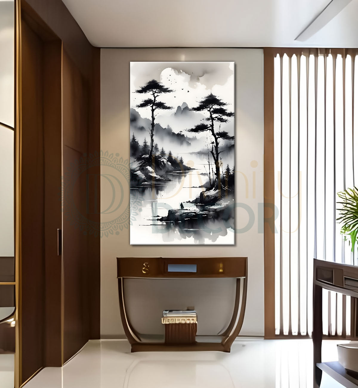 Mountais with lake and trees in blck and white texutred painting Canvas Painting - Nature Art -V-86