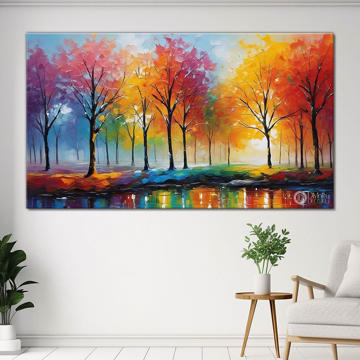 Colorful trees in textured water color painting Canvas Painting - Nature Art -86