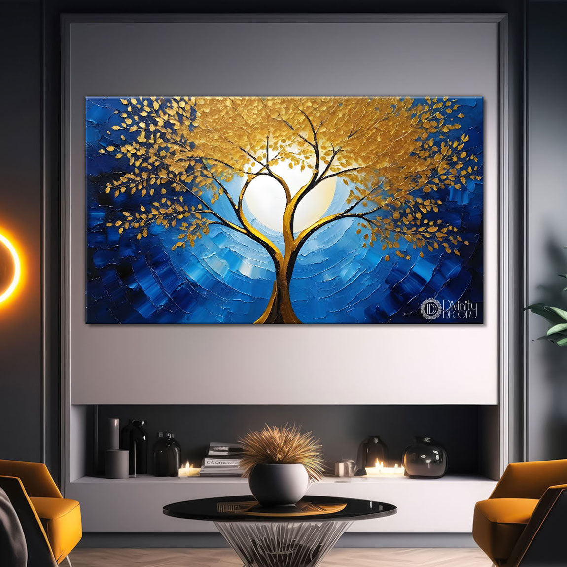 Golden tree in dark blue textured background modern art Canvas Painting - Design - Tree-86