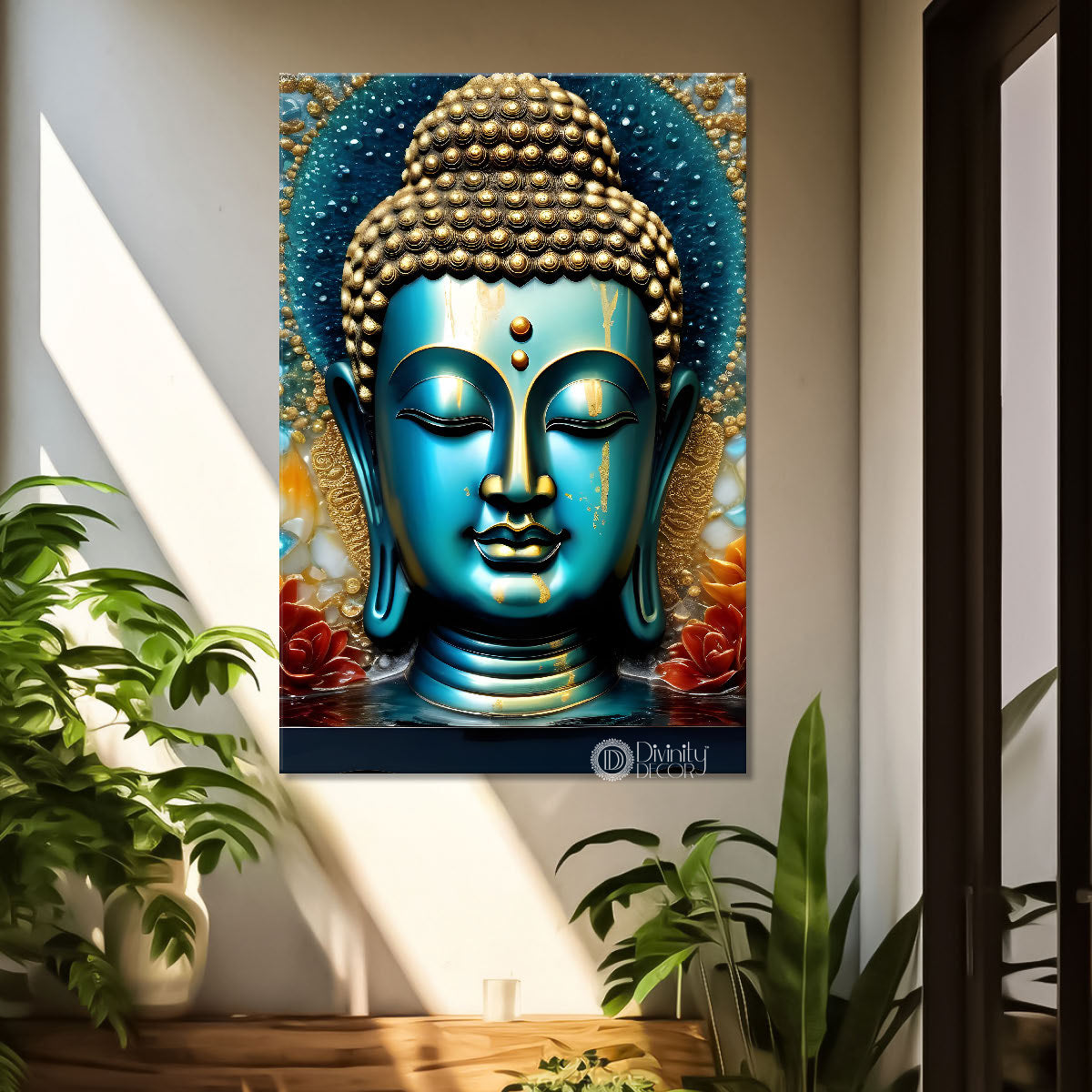 Blue face buddha with blue textured painting - Buddha-V-86