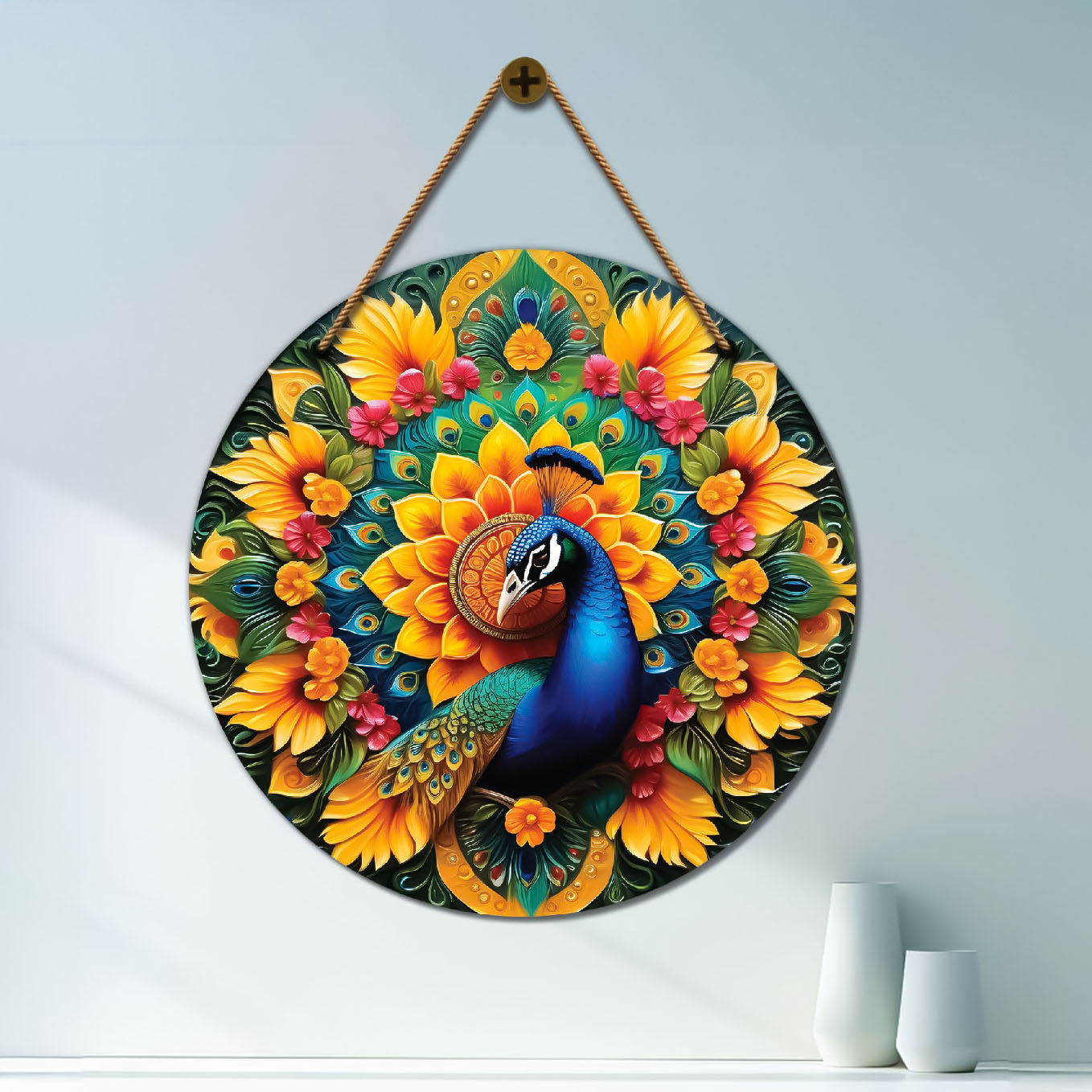 Peacock in yellow and green mandala Round Wooden Wall Hanging for wall Décor - Design - 86