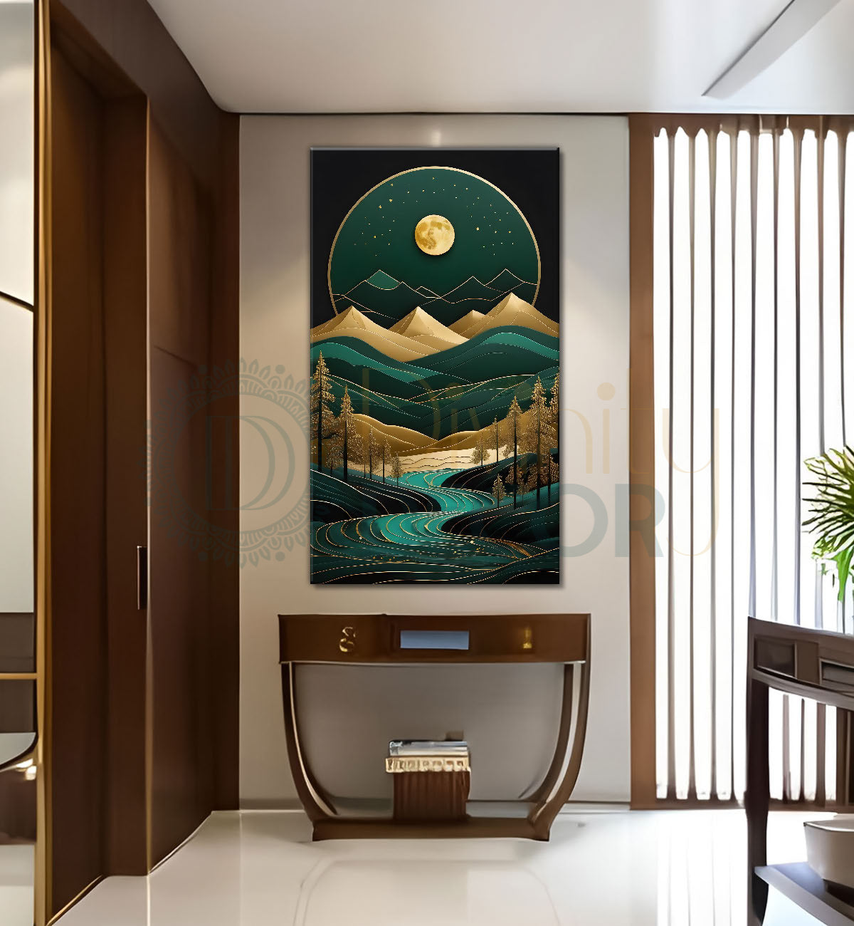 Green mountais with golden moon and trees in textured painting Canvas Painting - Nature Art -V-87