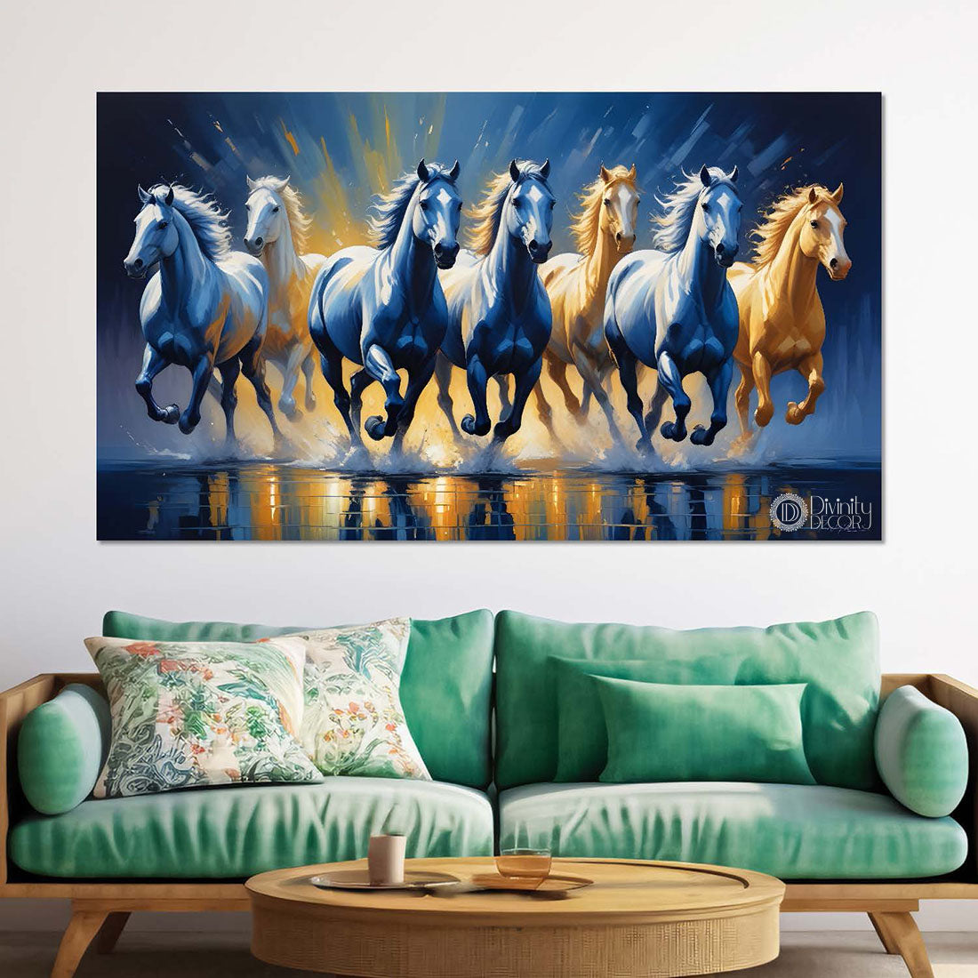 Brown and blue running horses on the water in dark blue textured background art Canvas Painting - Design - Horse-87