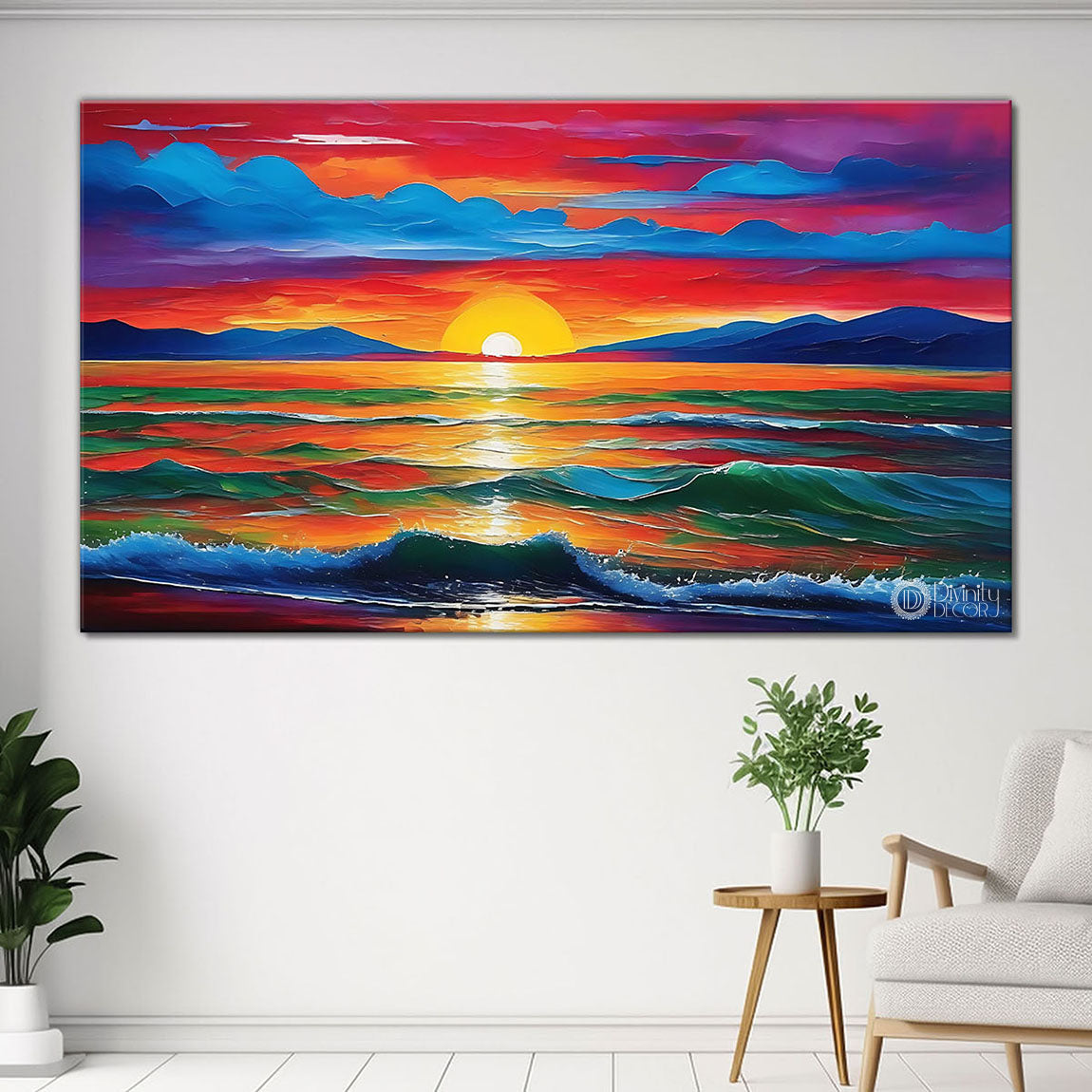 Sunset view with sea in colorful textured painting Canvas Painting - Nature Art -87