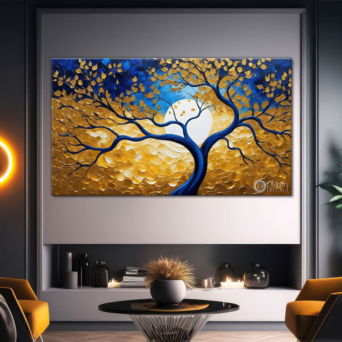 Golden tree in dark blue textured background modern art Canvas Painting - Design - Tree-87