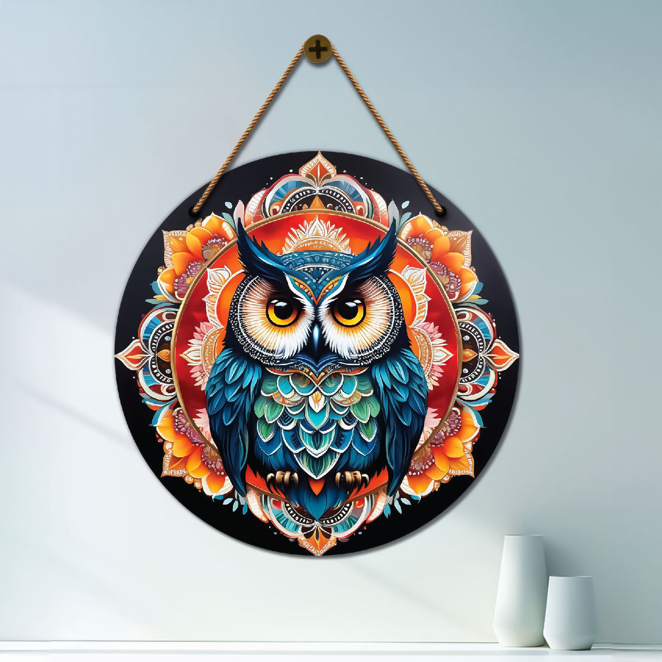 Owl in red and black mandala Round Wooden Wall Hanging for wall Décor - Design - 87