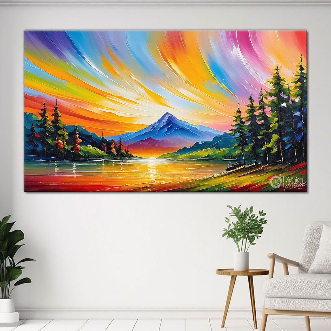 Mountains with trees and colorful sky textured painting Canvas Painting - Nature Art -88