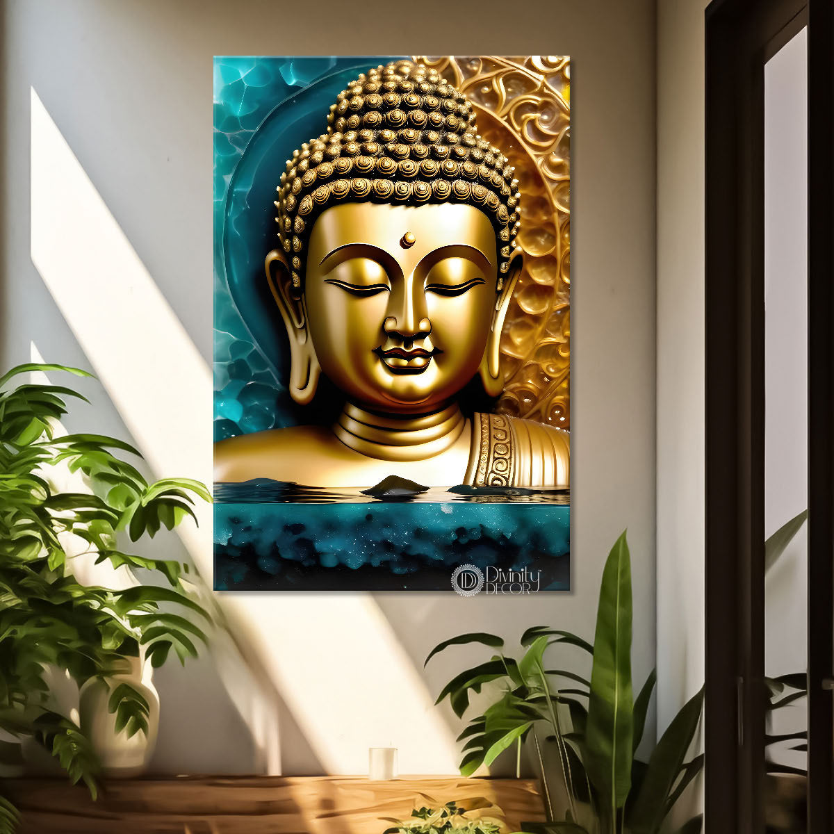 Golden buddha with blue background painting - Buddha-V-88