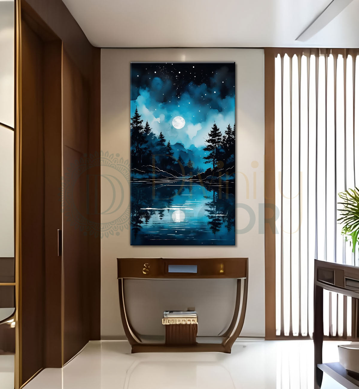 Blue sky with moon and mountains with river and trees in dark textured painting Canvas Painting - Nature Art -V-88