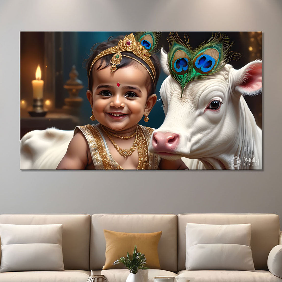 Little Krishna with baby cow painting Canvas Painting - Design - Krishna-88