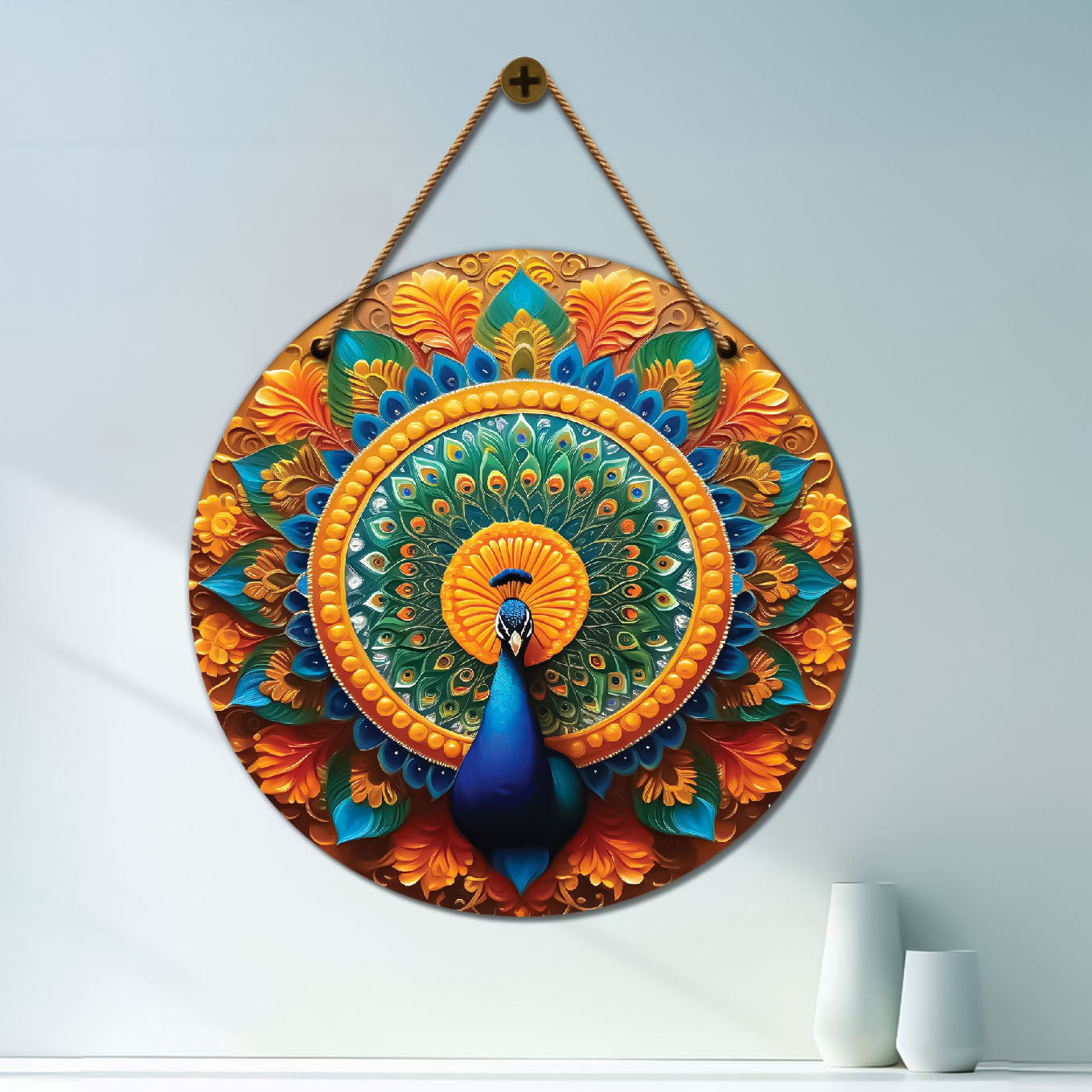 Peacock in orange and green mandala Round Wooden Wall Hanging for wall Décor - Design - 88
