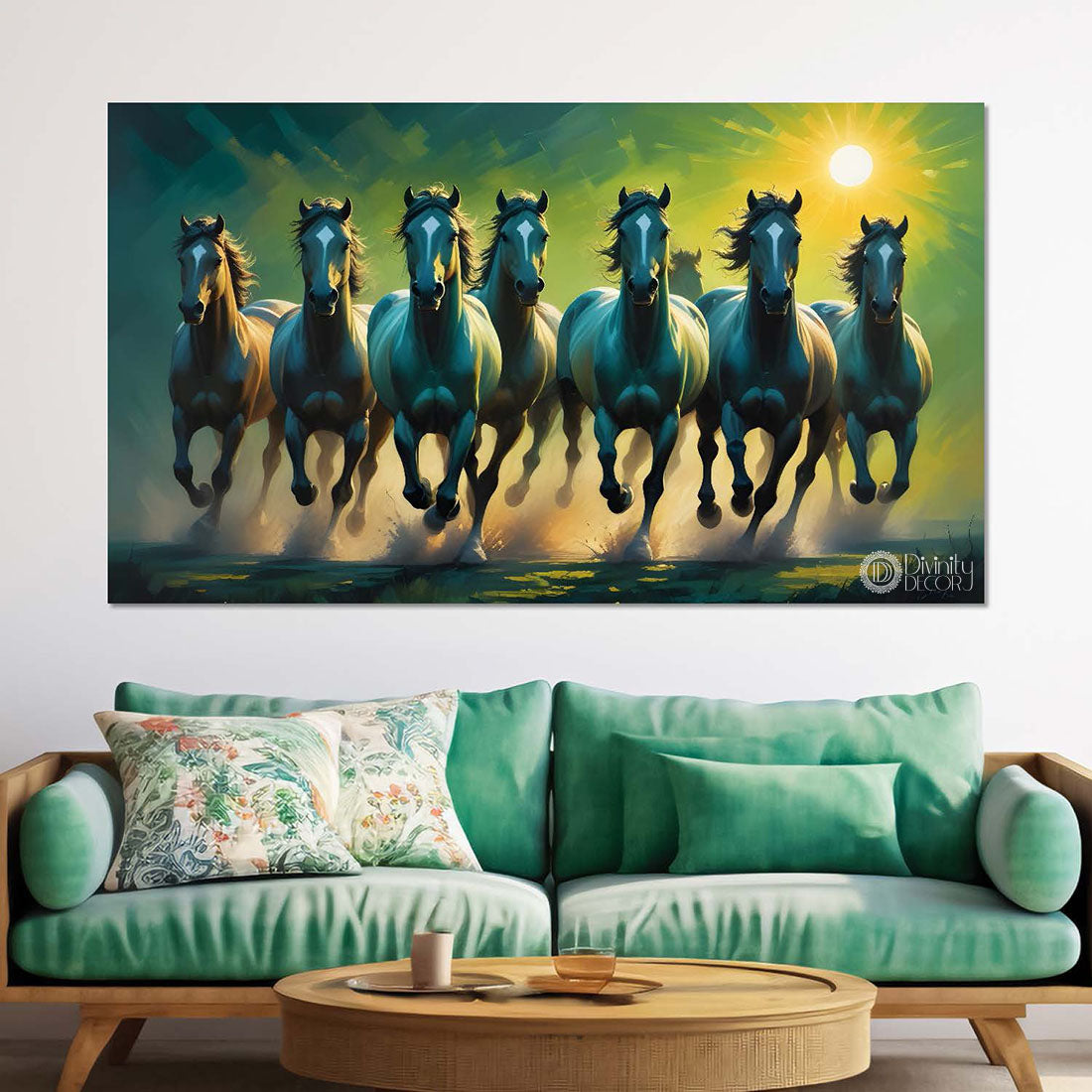 Dark green running horses with sun and green textured background art Canvas Painting - Design - Horse-88