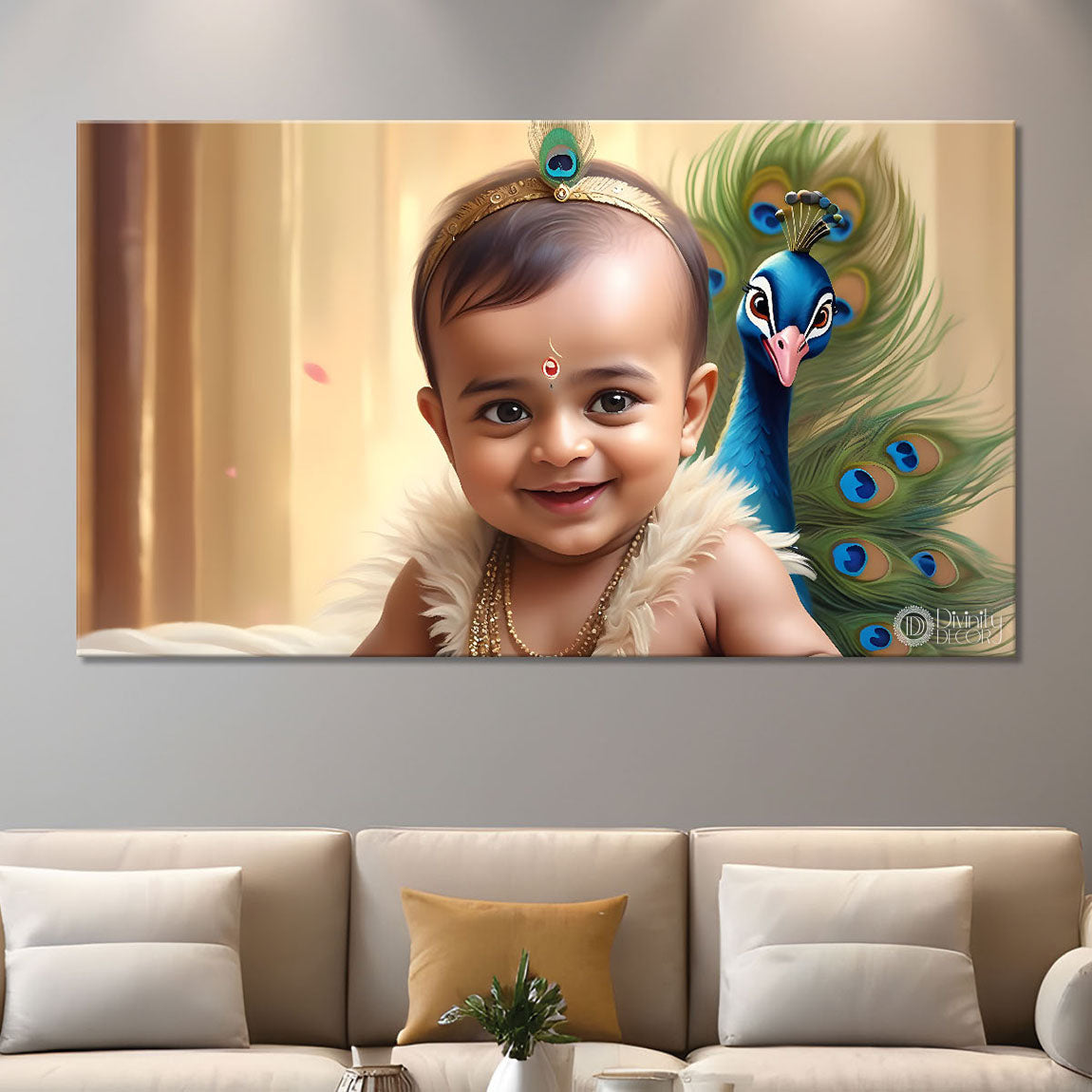 Little Krishna with peacock painting Canvas Painting - Design - Krishna-89