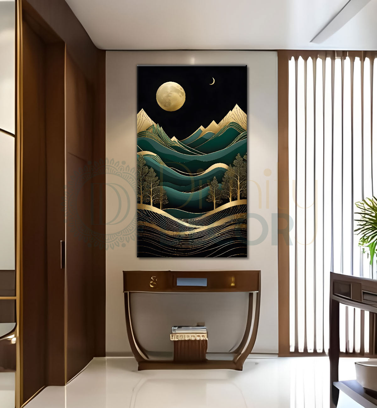 Green mountais with golden moon and trees in textured painting Canvas Painting - Nature Art -V-89