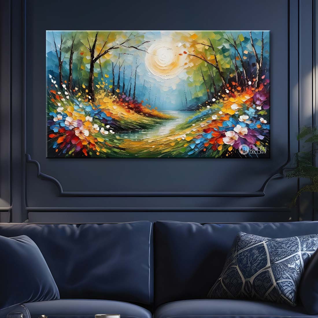 Trees with colorful flowers and sun textured background painting- Design - Flower-89