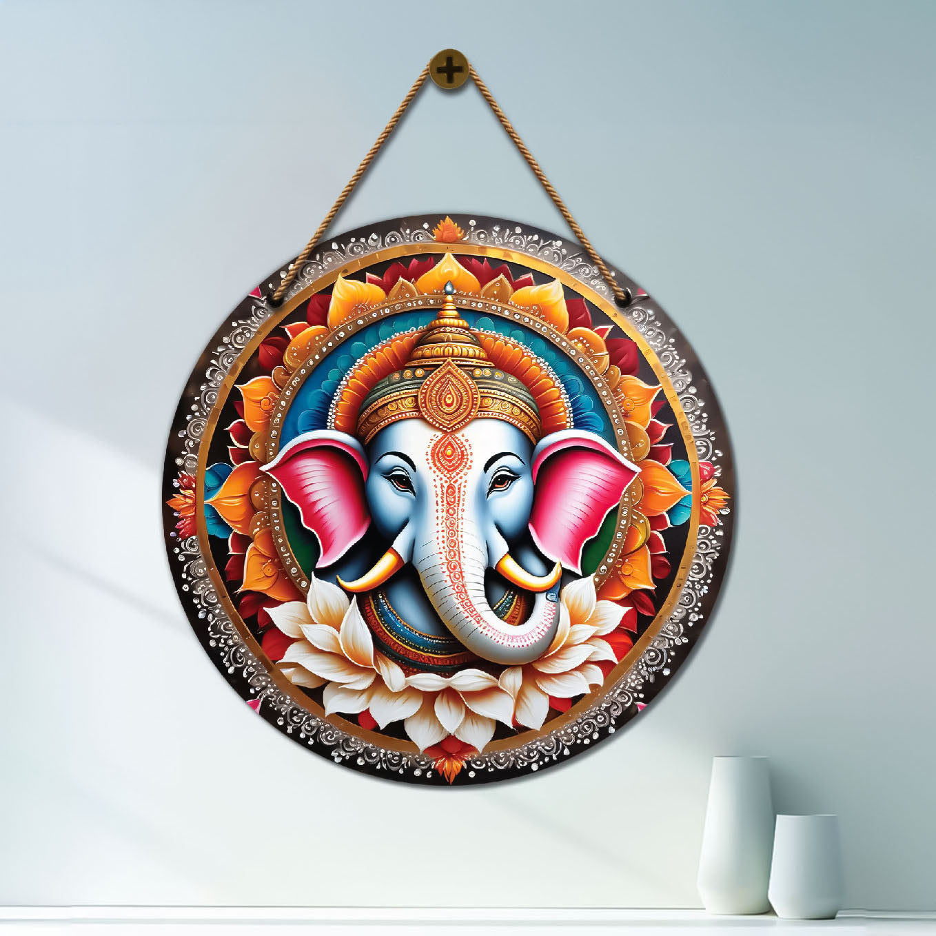 Ganesh Ji in blue and golden mandala Round Wooden Wall Hanging for wall Décor - Design - 89