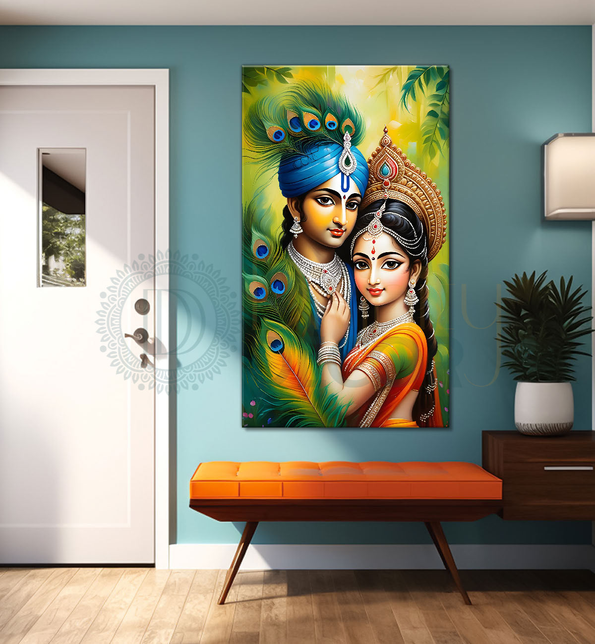 Krishna with radha in peacock feathers background textured art Canvas Painting - Design - Krishna-V-8