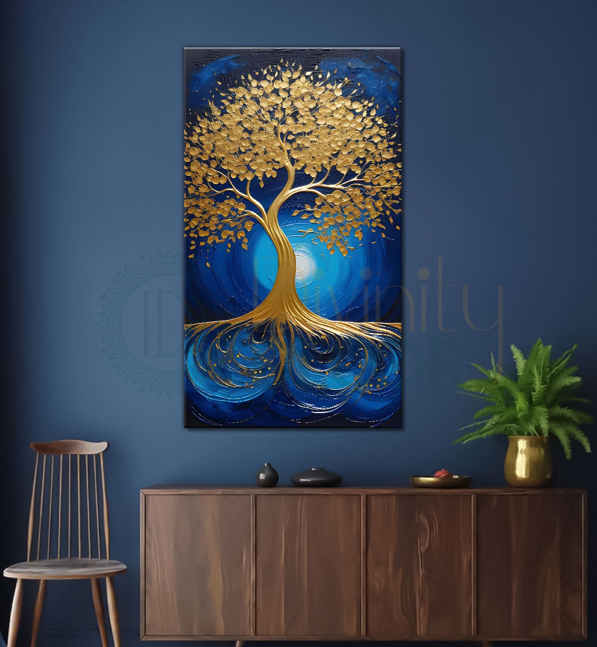 Golden tree in blue texutred background modern art Canvas painting - Tree-V-8