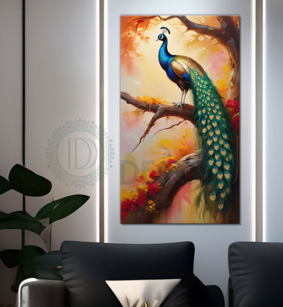 Peacock on branch with bright background modenr art   - Design - Peacock-V-8