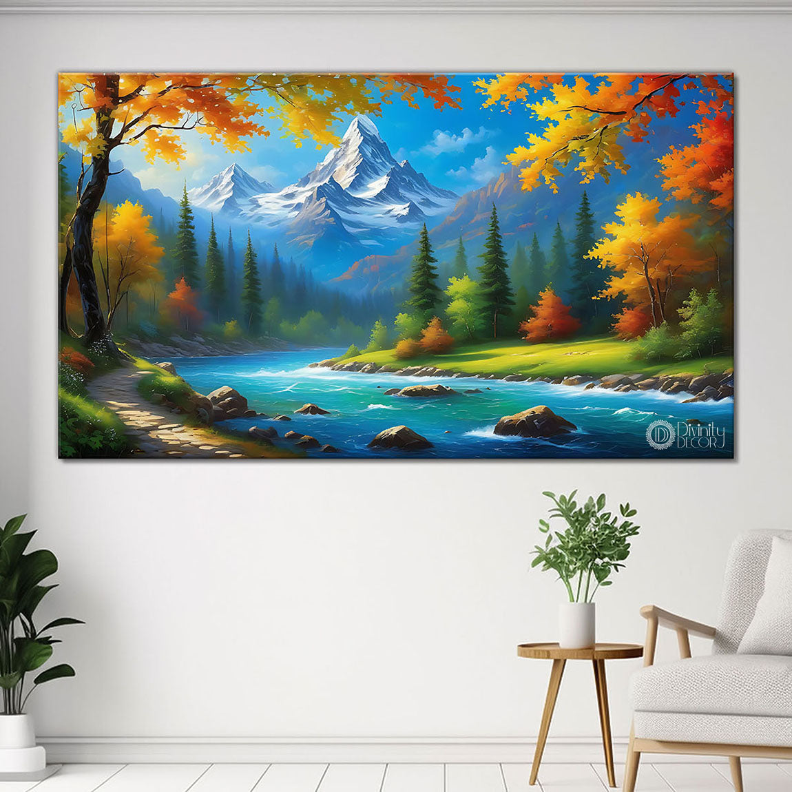 Mountains with trees and lake in textured painting Canvas Painting - Nature Art -90