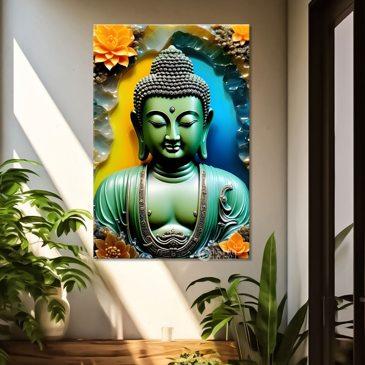 Blue buddha with colourful background textured painting - Buddha-V-90