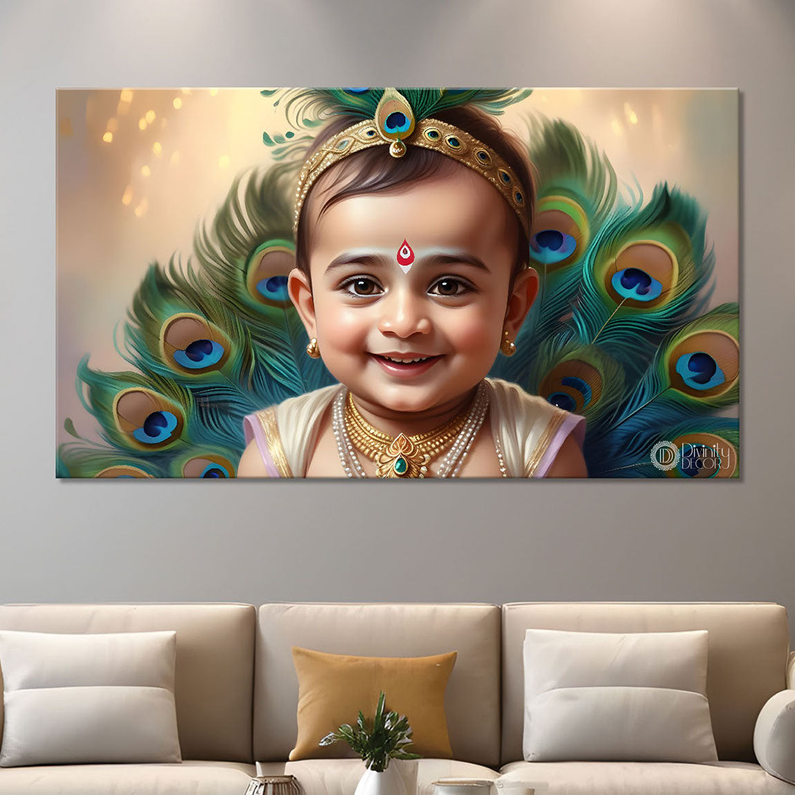 Little Krishna with peacock feathers painting Canvas Painting - Design - Krishna-90