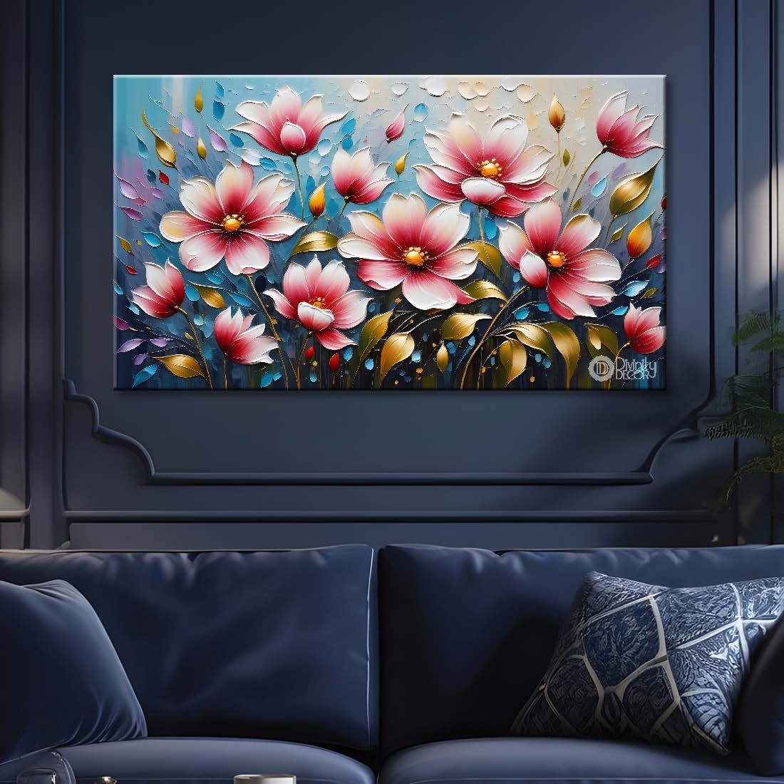 Pink flower with blue textured background painting- Design - Flower-90