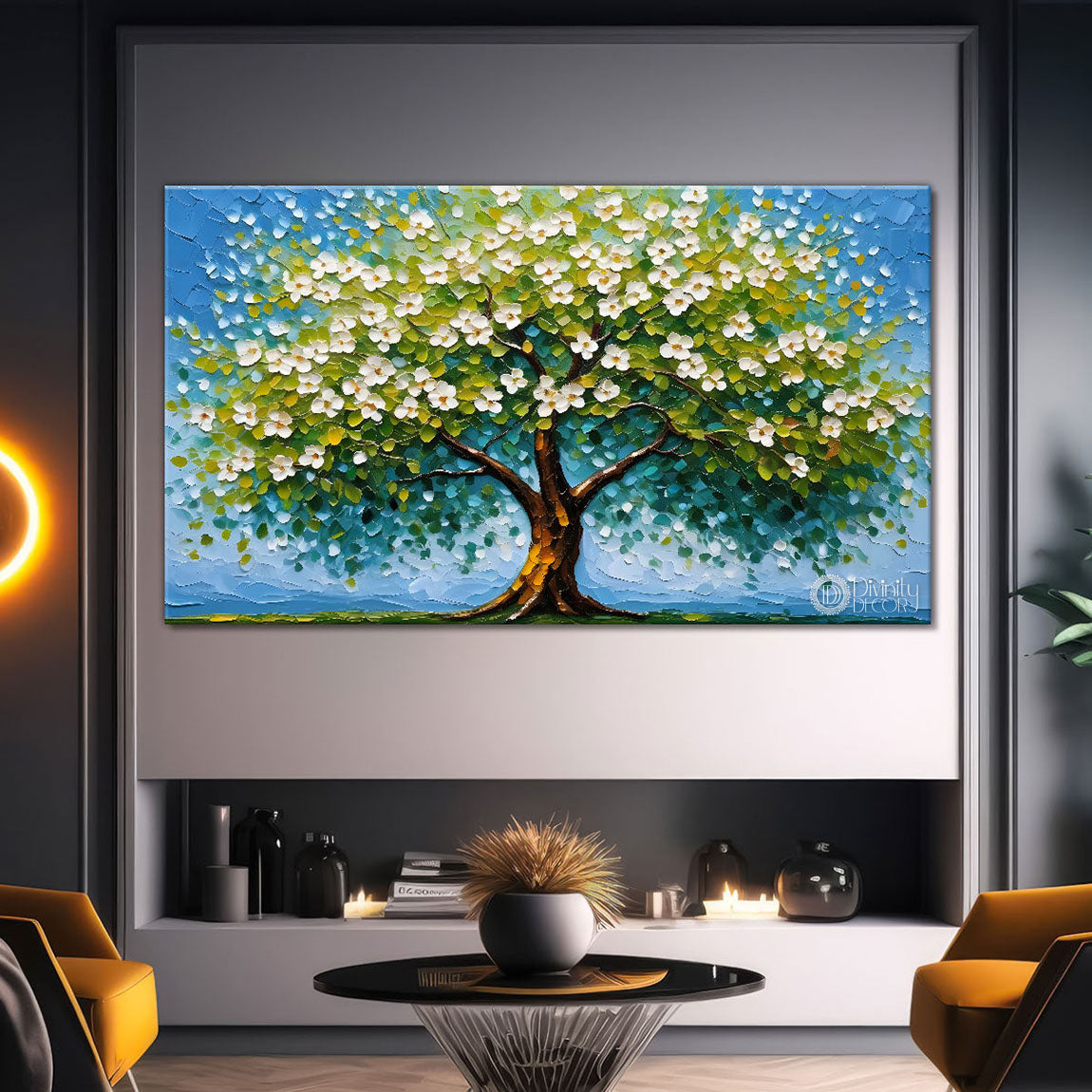 White flower tree in textured background oil painting Canvas Painting - Design - Tree-90
